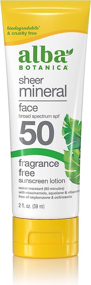 Alba Botanica Sunscreen for Face, Fragrance-Free Sheer Mineral Face Sunscreen Lotion, Broad Spect... | Amazon (US)