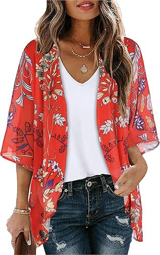 Women's Floral Print Puff Sleeve Kimono Cardigan Loose Cover Up Casual Blouse Tops | Amazon (US)