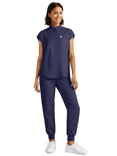 Eadflie Scrubs for Women Set - Stretch Medical Uniform Scrubs - Slim Fit Top & Cargo Pant Scrubs Set with 11 Pockets for Nurse Esthetician Workwear - (Navy Blue/2XL) | Amazon (US)