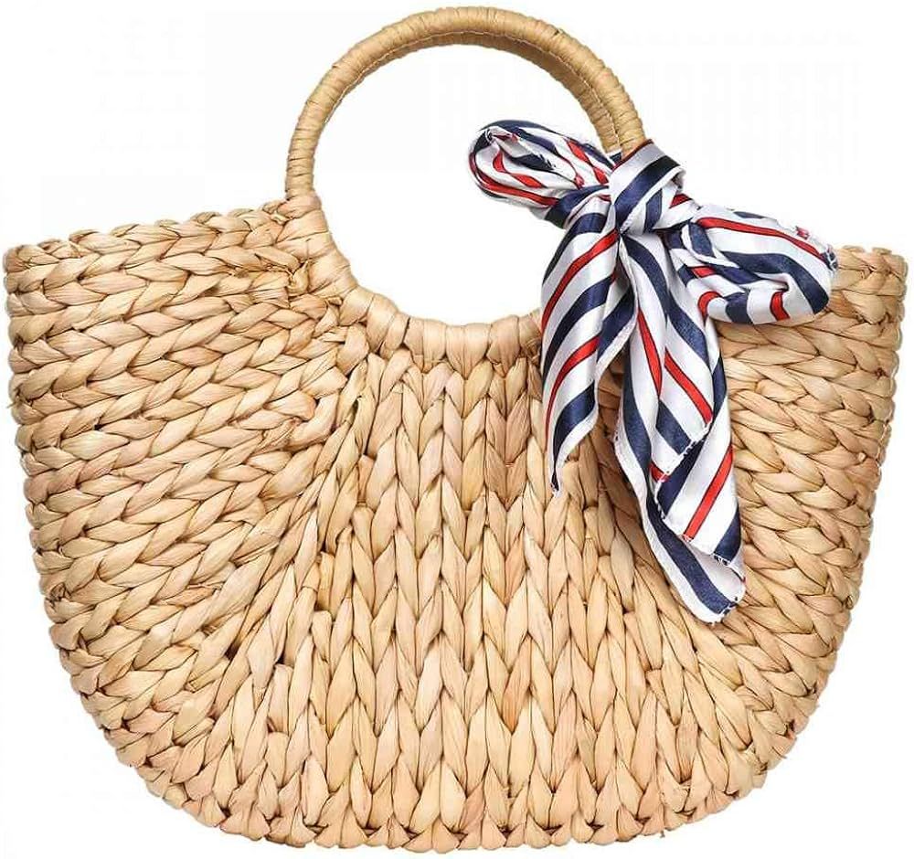 YYW Straw Bags for Women,Hand-woven Straw Large Rattan Bag Round Handle Ring Tote Retro Summer Be... | Amazon (US)