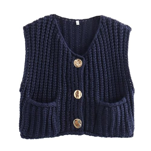 Womens Casual Chunky Knit Vest Gold Button Down Crop Top Crochet Sleeveless Sweater Vest | Amazon (US)
