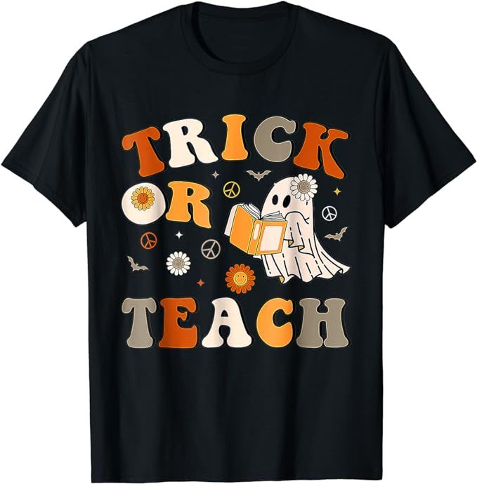 Trick Or Teach Groovy Halloween Retro Floral Ghost Teacher T-Shirt | Amazon (US)