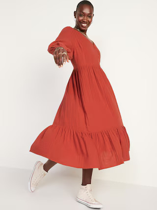 Long-Sleeve Fit & Flare Tiered Midi Dress for Women | Old Navy (US)