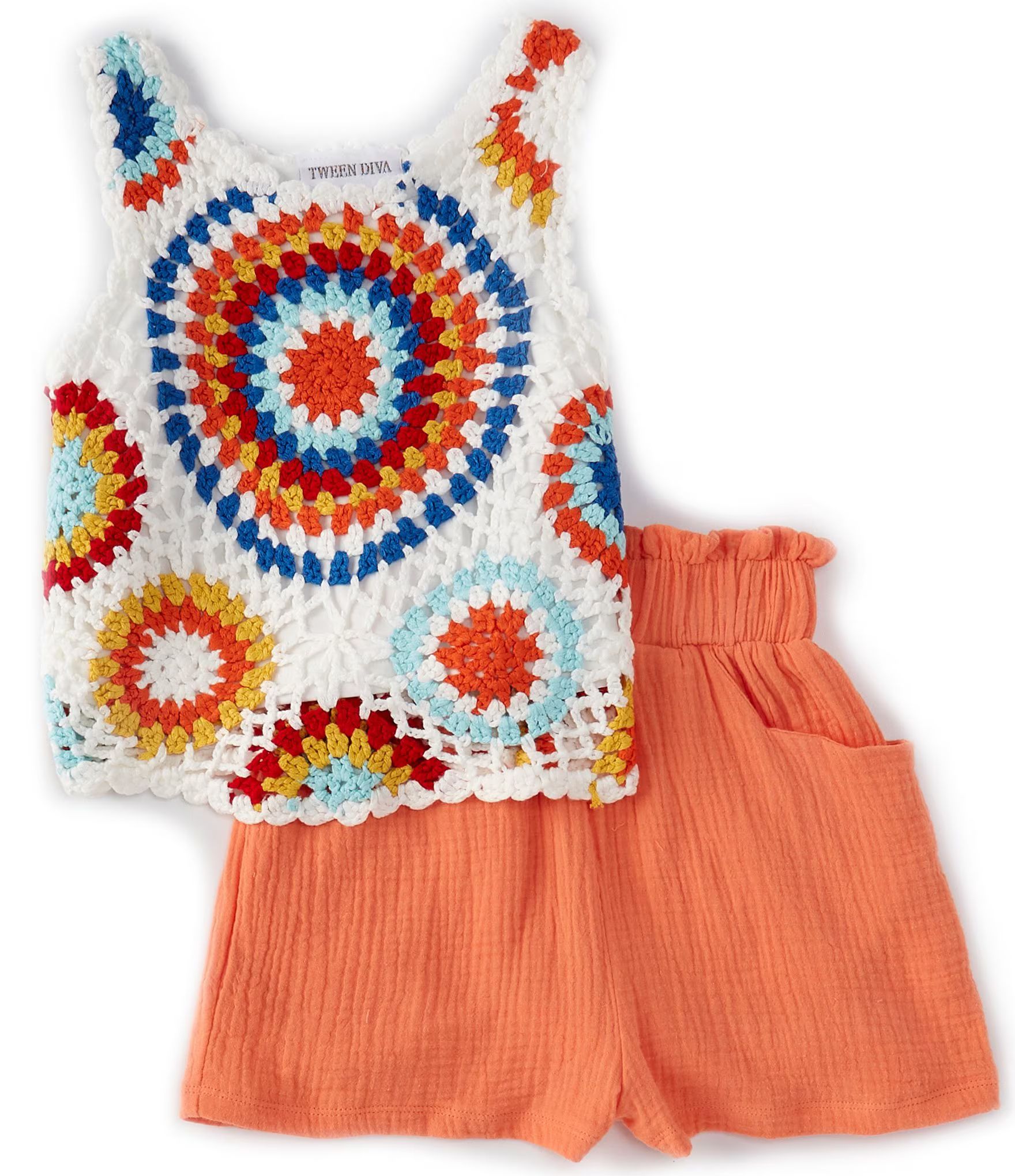 Little Girls 2T-6X Sleeveless Crocheted-Pattern Tank Top & Solid Shorts Set | Dillard's