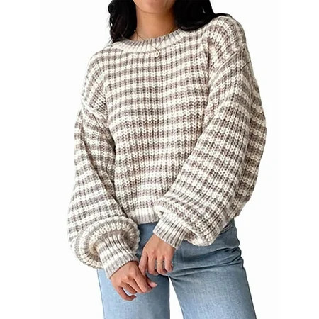 Women'S Vintage Striped Sweater Crew Neck Long Sleeve Cropped Color Block Casual Loose Knit Pullover Top Khaki M | Walmart (US)