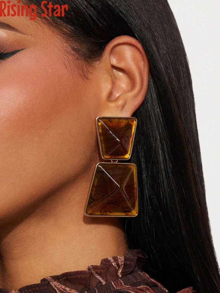1 Pair Retro Geometric Square Patch Earrings Women's Coffee Resin Droop Earrings Elegant Commuter... | SHEIN