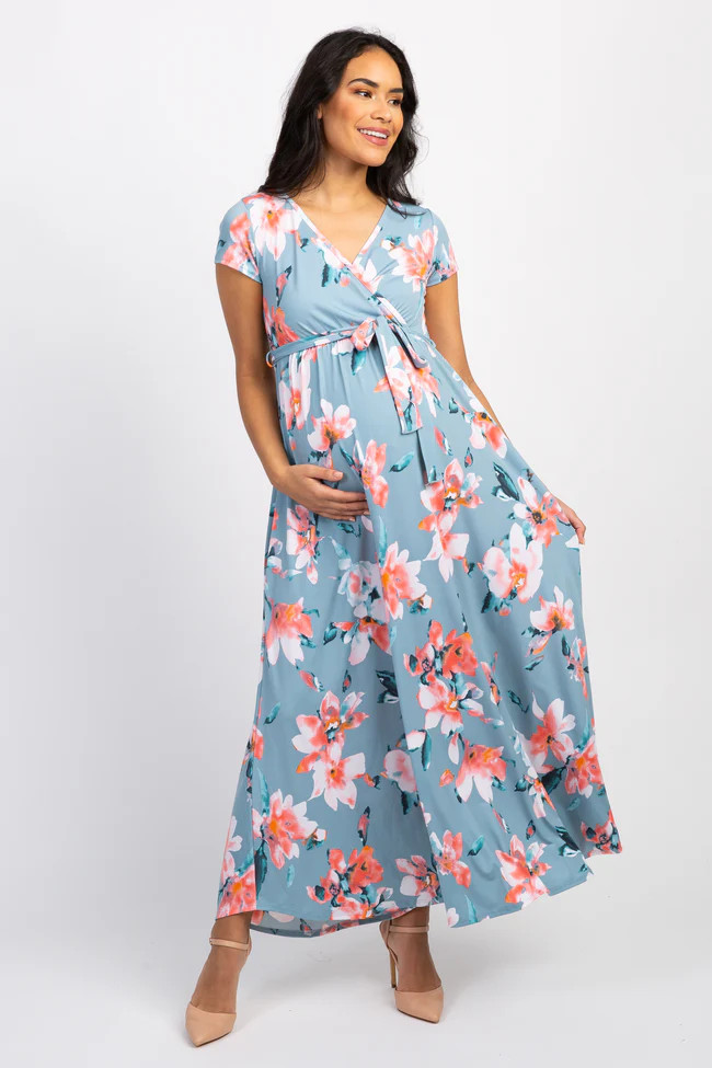 Light Blue Floral Short Sleeve Maternity/Nursing Wrap Dress | PinkBlush Maternity