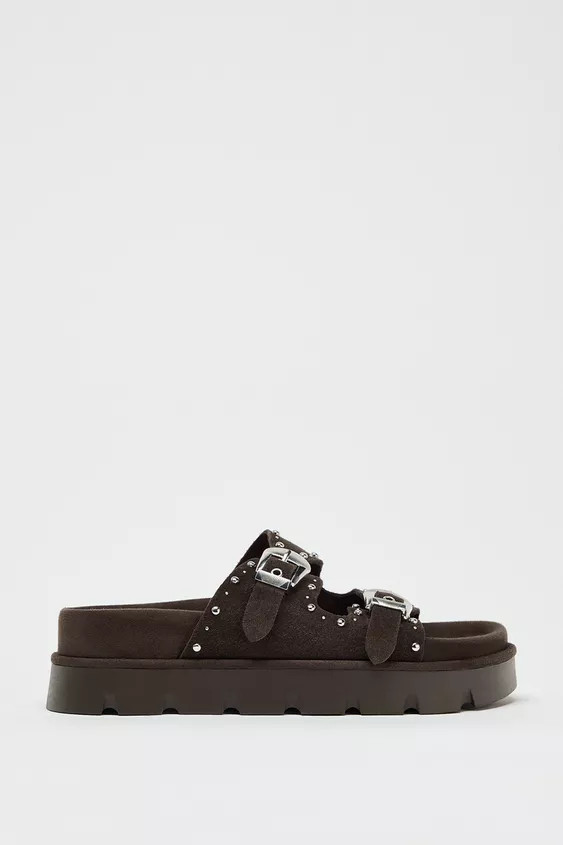 LEATHER FLAT STUDDED SANDALS | Zara US