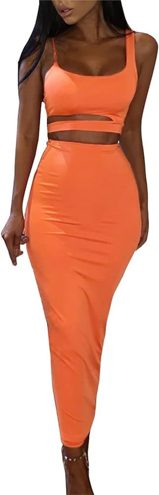 PRIMODA Women's Sexy Asymmetrical Spaghetti Strap Dress Square Neck Sleeveless Bodycon Midi Club ... | Amazon (US)