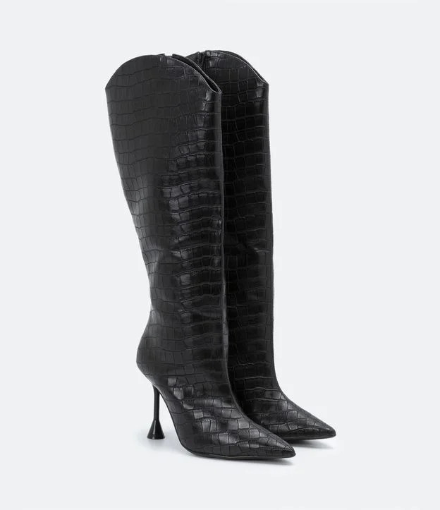 Bota Cano Alto com Salto Fino Taça e Textura Croco Preto | Renner (BR)