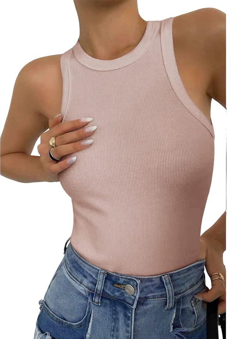 ZFLM Women's Round Neck Basic Racerback Camisole Rib-Knit Solid Sleeveless Crop Tank Tops Long Ve... | Amazon (US)