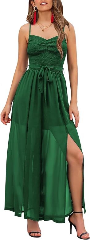 EXLURA Women's Sleeveless Belted Smocked Maxi Dress Rompers Spaghetti Strap Wide Leg Slit Casual Wor | Amazon (US)