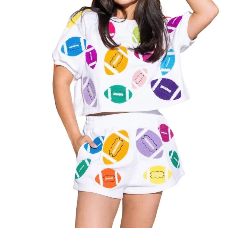 QUEEN OF SPARKLES Fuzzy Football Shorts In White Multi Color - White | Verishop