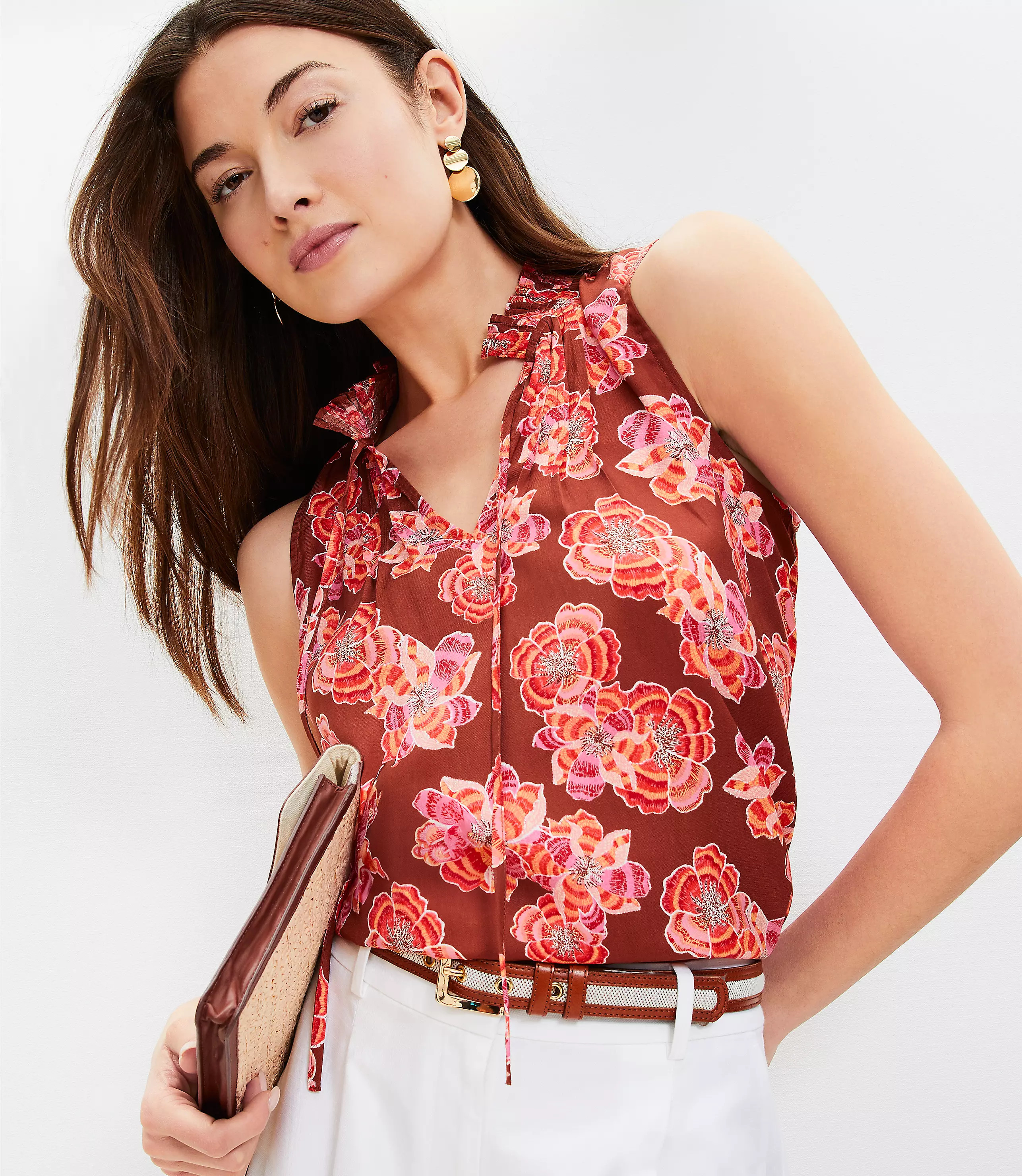 Textured Floral Pleated Ruffle Shell | LOFT