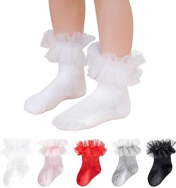 Toddler Ruffle Baby Girls Socks Cute Princess Knit Cotton Lace Top Frilly Infant White Dress Sock... | Amazon (US)