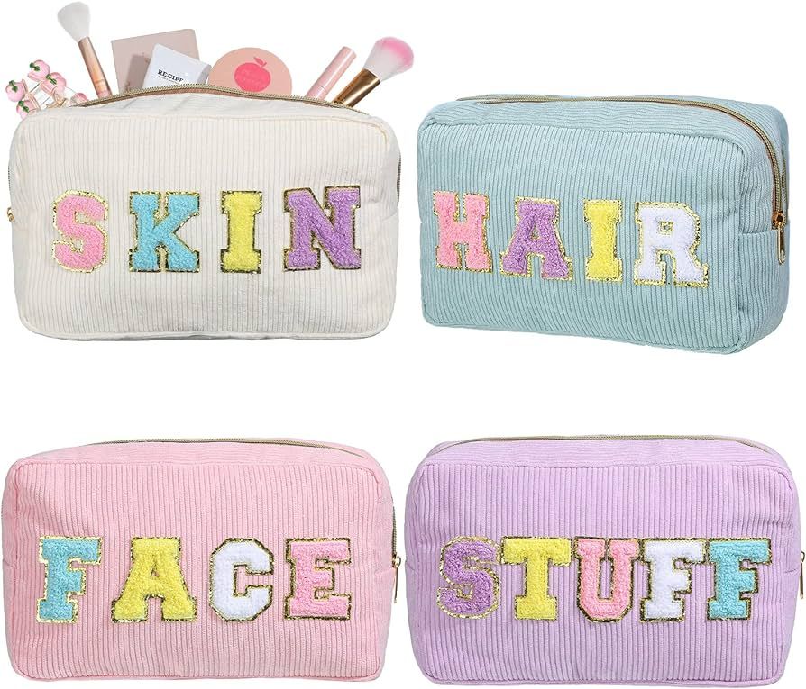 Pinkunn 4 Pcs Corduroy Makeup Cosmetic Bags Chenille Letter Patch Cosmetic Small Portable Travel ... | Amazon (US)