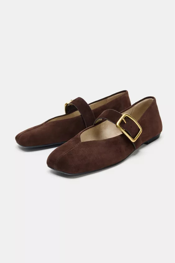 SUEDE BALLERINA FLATS WITH BUCKLE | Zara US