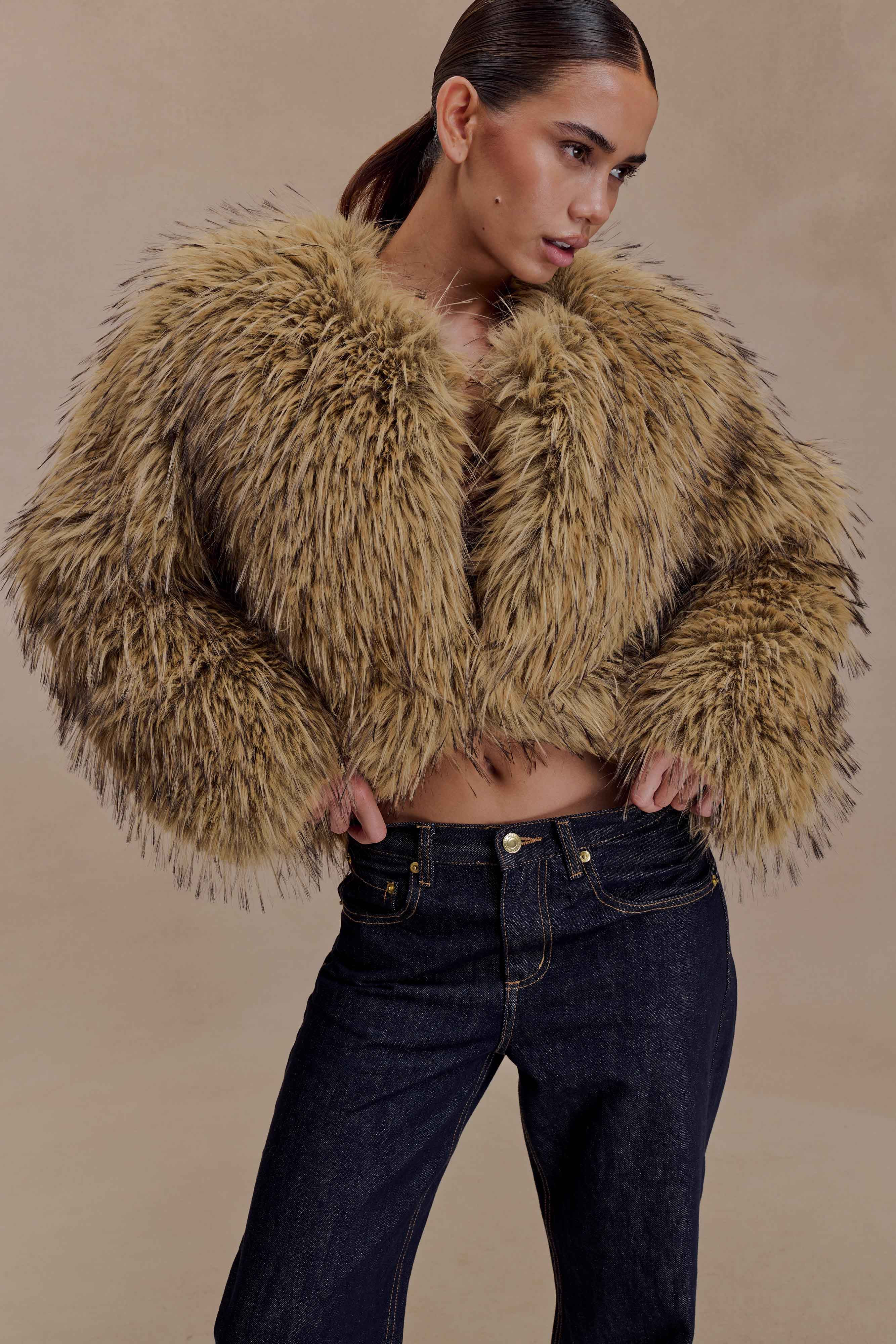 Ottie Mongolian Faux Fur Cropped Jacket - Brown Multi | MESHKI US