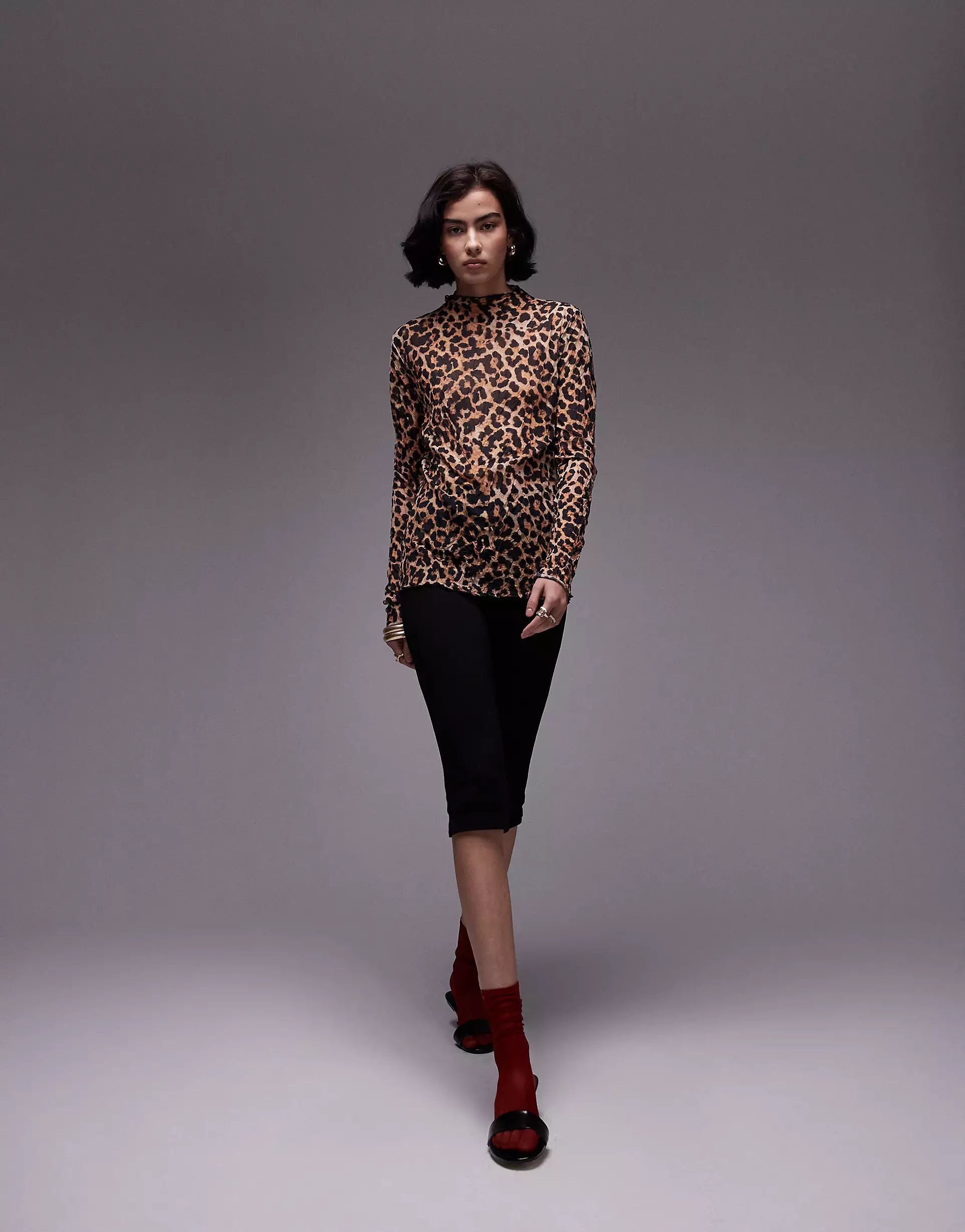 Topshop leopard crinkle long sleeve top in brown | ASOS (Global)