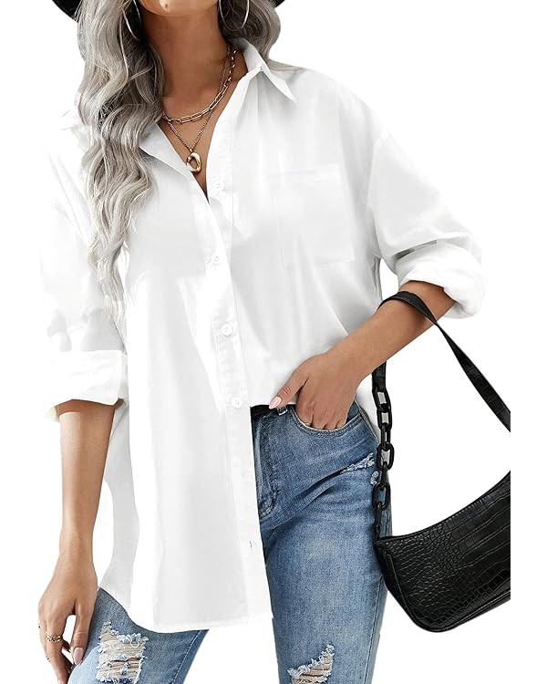 Hotouch Women Button Down Shirts Office Drop Shoulder Oversized Blouse Long Sleeve Boyfriend Dres... | Amazon (US)