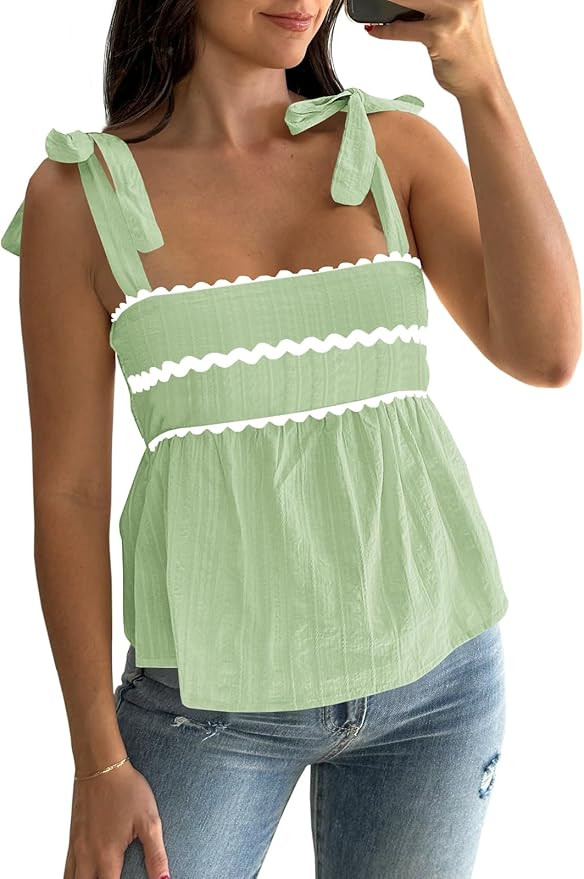 Tankaneo Womens Cute Tank Tops Summer Casual Peplum Babydoll Square Neck Tie Strap Backless Shirt... | Amazon (US)