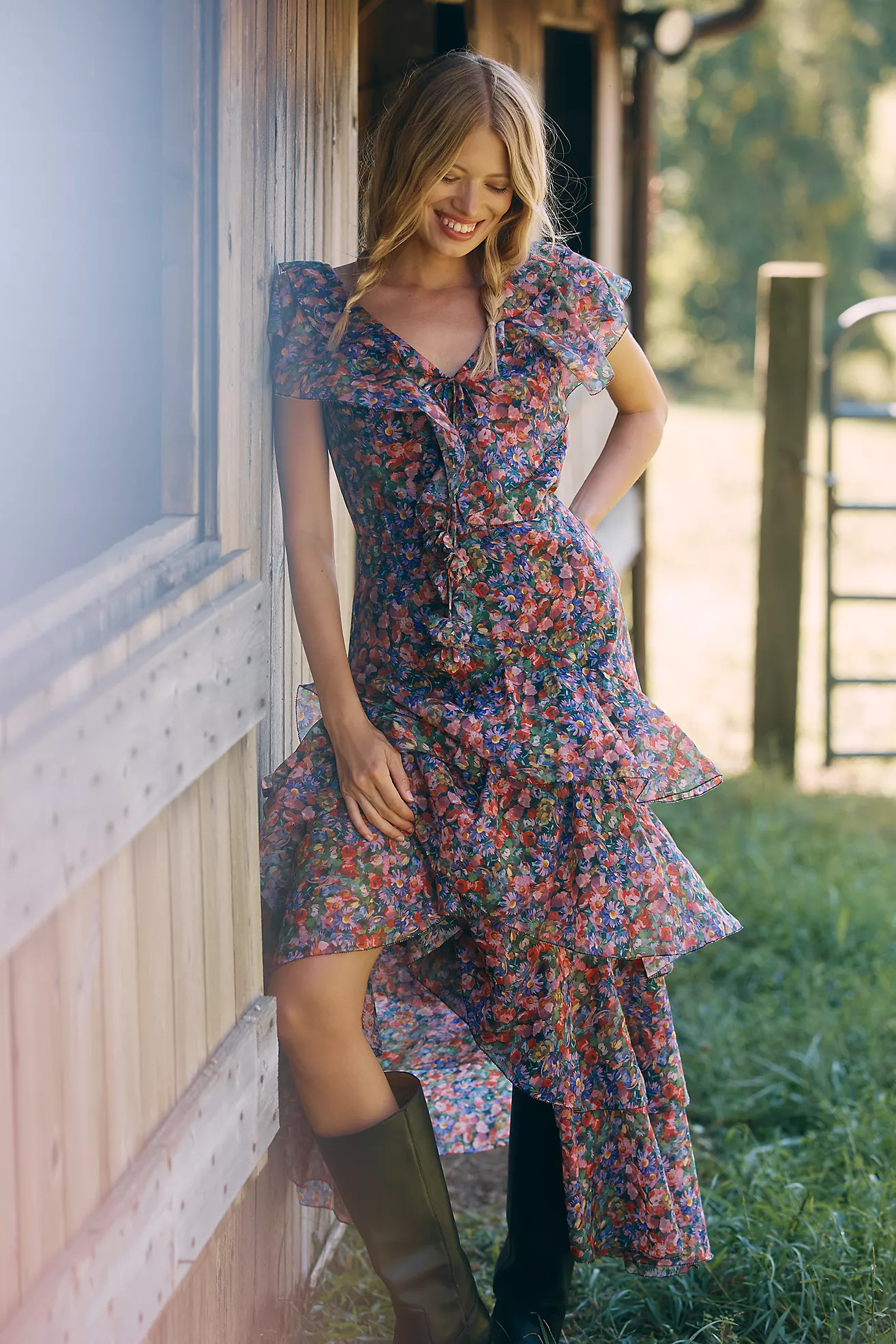 En Saison Naomi Short-Sleeve V-Neck Ruffled Maxi Dress | Anthropologie (US)