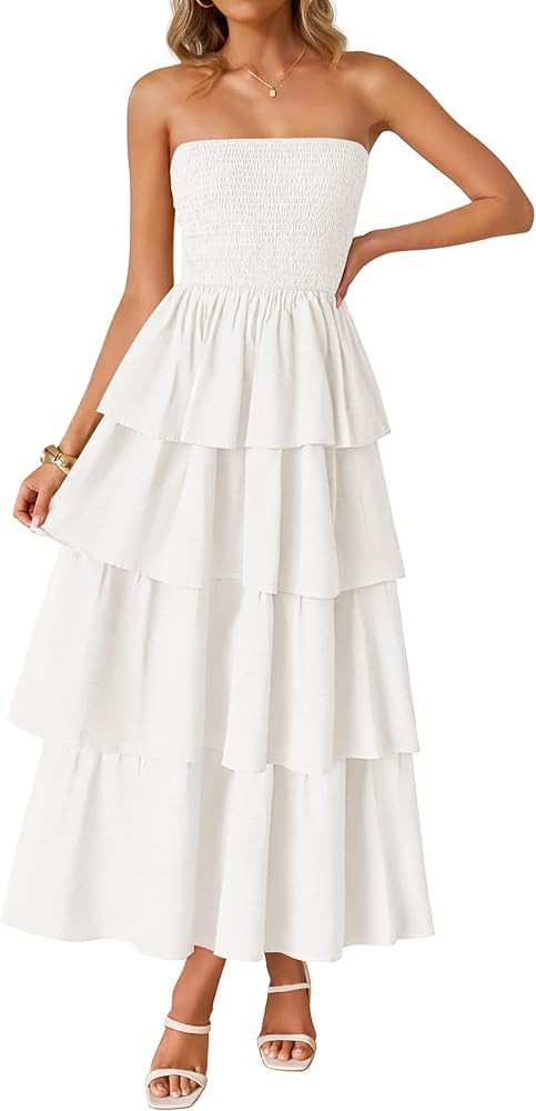 ZESICA Women‘s Summer Boho Strapless Maxi Dress 2025 Casual Sleeveless Off Shoulder Smocked Tie... | Amazon (US)
