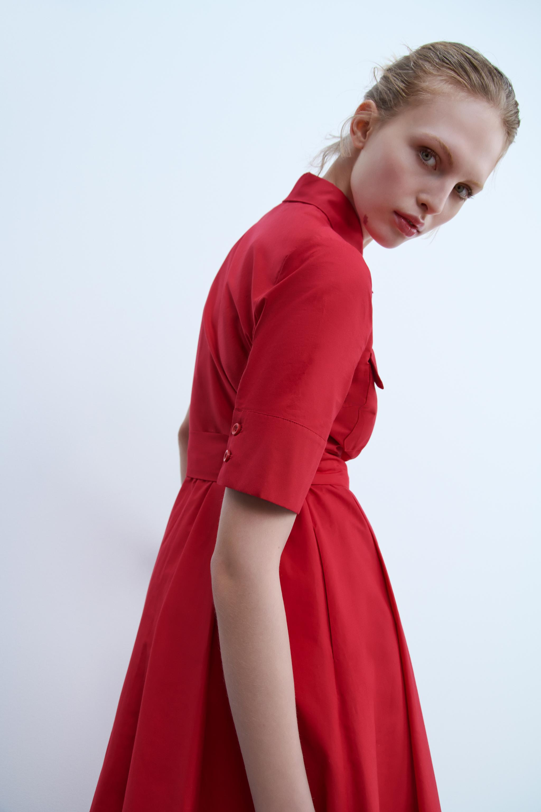 ZARA WOMAN COLLECTIONDress made of 100% cotton. Lapel collar and short sleeves with buttoned cuff... | Zara US