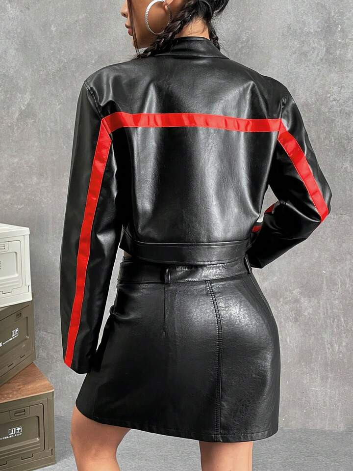 SHEIN Coolane Letter Patched Colorblock Zip Up Crop PU Leather Jacket | SHEIN