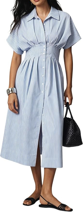 Women Button Front Pleated Shirt Maxi Dress Summer Striped Prints Short Sleeve Collar Casual Long... | Amazon (US)