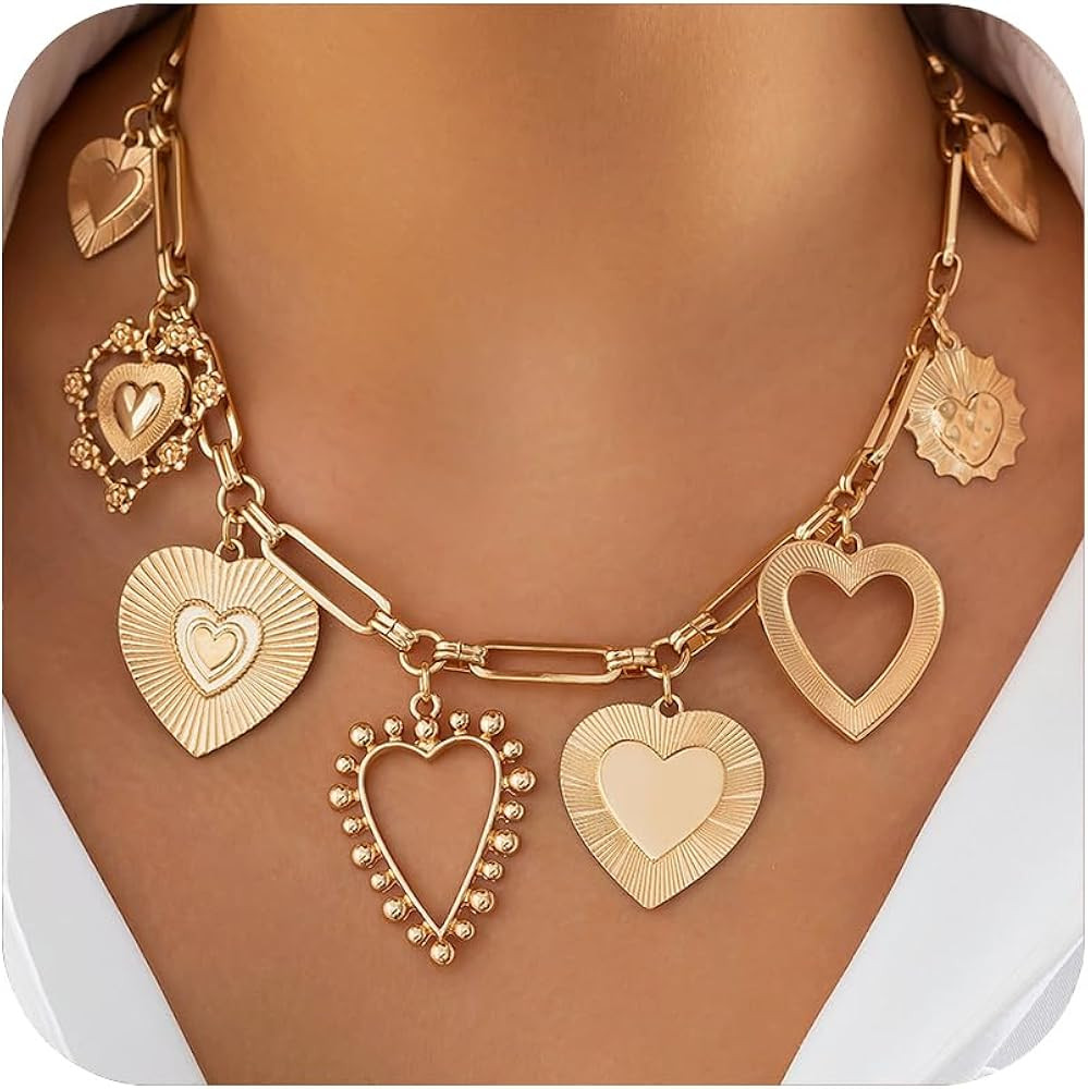 Gold Charm Necklaces for Women Chunky Statement Necklace with Heart Pendants for Women, Vintage A... | Amazon (US)