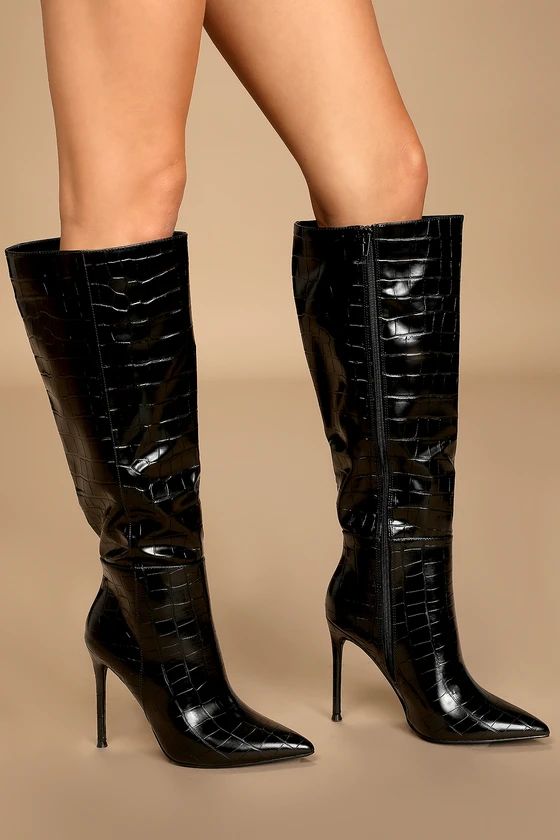 Zezilia Black Crocodile-Embossed Pointed-Toe Knee-High Boots | Lulus (US)