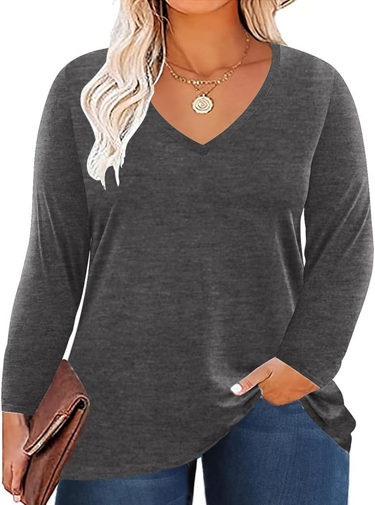 Women's Plus Size Tops Long Sleeve Tee Shirt V Neck Basic Ladies Loose Fit T Shirt | Amazon (US)