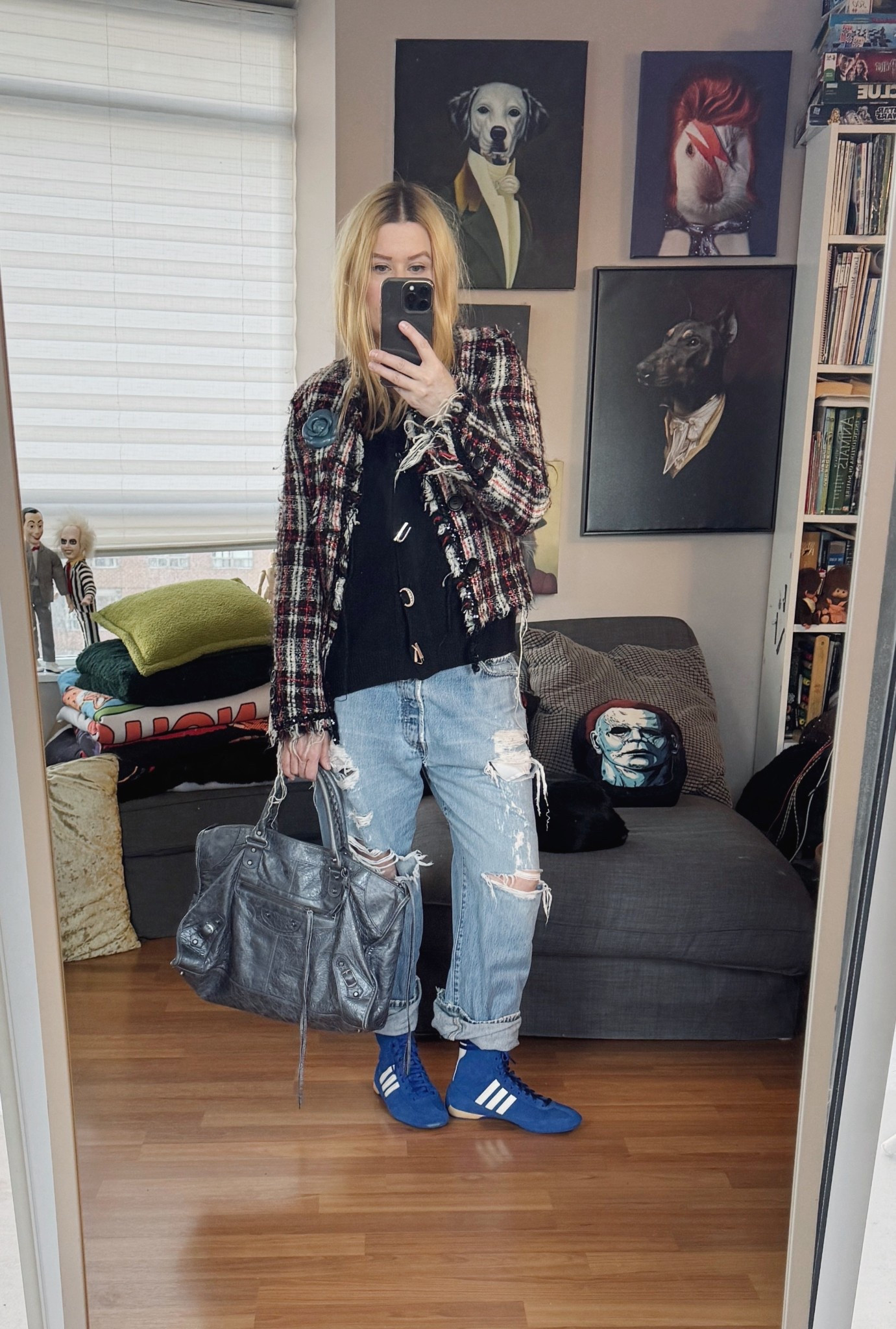 This cardigan is always appropriate due to the current state of the world. 

Jacket, jeans, and bag are secondhand/vintage.



#LTKootd #LTKOver40