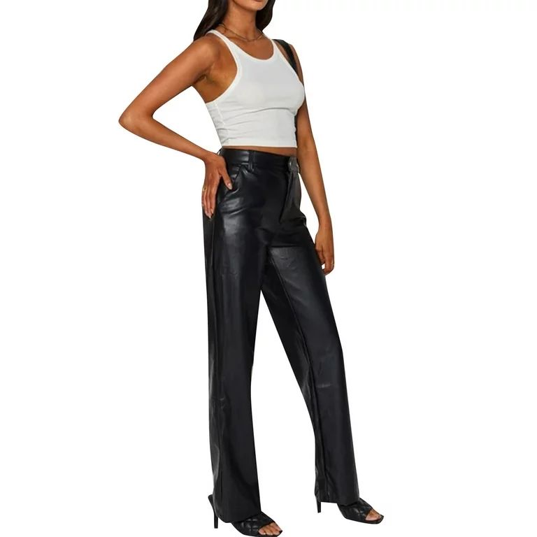 Aunavey Women's Faux Black PU Leather Pants High Waist Straight Wide Leg Punk Casual Trousers wit... | Walmart (US)