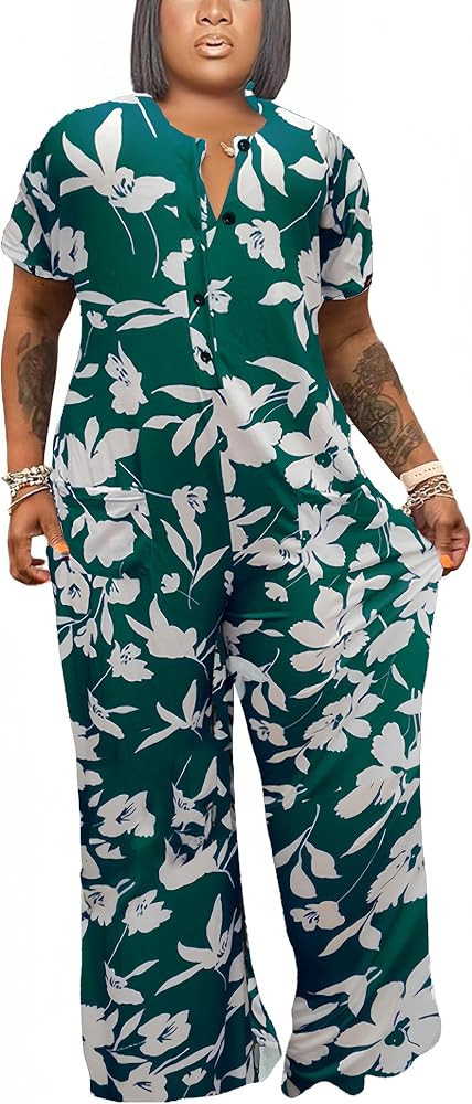 Hostoyo Plus Size Jumpsuits for Women Casual Wide Leg Crew Neck Short Sleeve Long Pants Romper Wi... | Amazon (US)