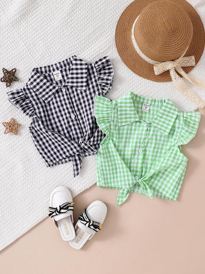 2pcs Toddler Girls' Classic Plaid Bowknot Hem Tee, Summer | SHEIN