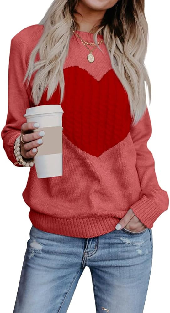 Heart Sweater for Women Valentines Day Gifts for Her Red Sweaters Crewneck Long Sleeve Lightweigh... | Amazon (US)