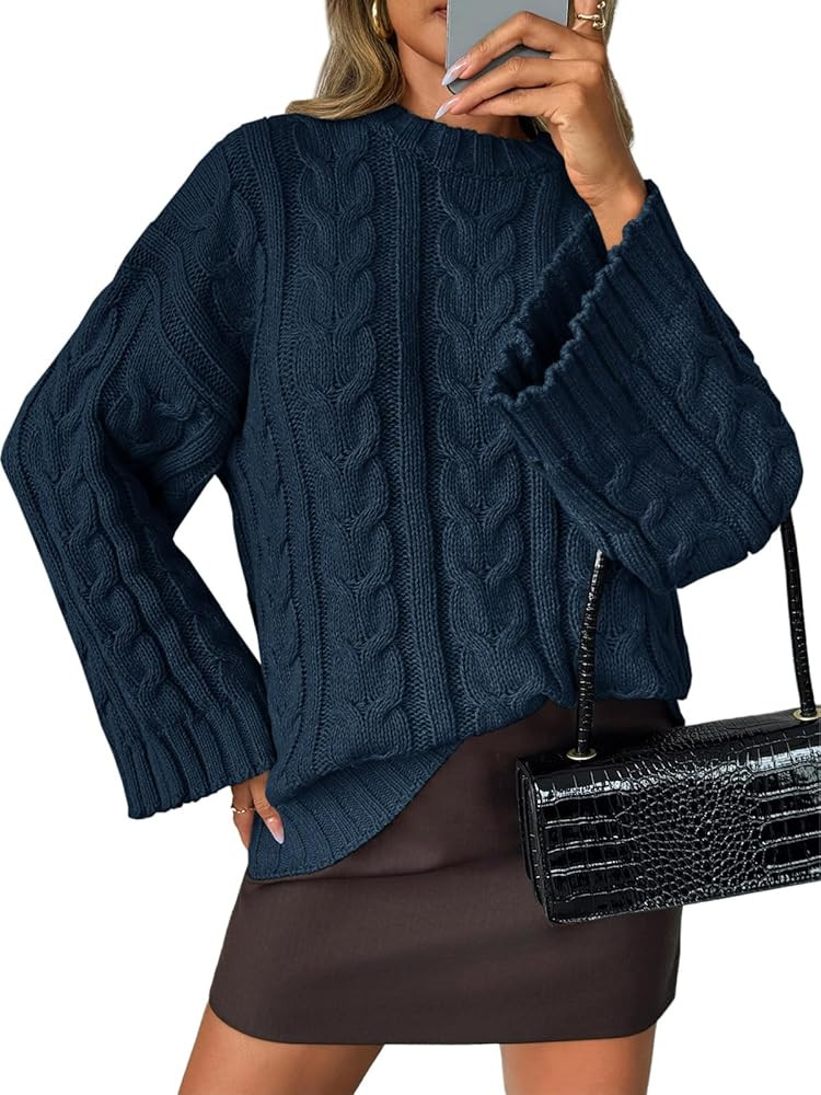 Saodimallsu Womens Oversized Sweaters Cable Knit Bell Batwing Sleeve Crew Neck Fall Winter Chunky... | Amazon (US)