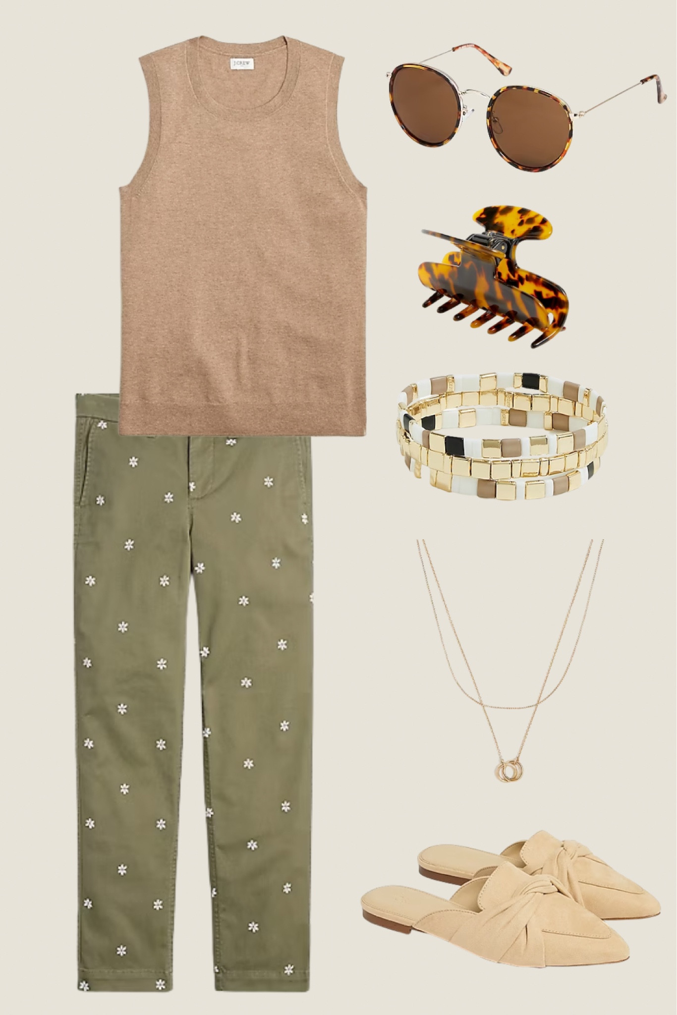 Spring ootd. Spring outfit inspiration. Womens spring outfit ideas. Green pants. St Patrick’s day outfit. Camel sweater. Spring sweater. Floral pants. Camp color pants. J. Crew outfit. J. Crew spring outfits. J. Crew factory sale. 

#LTKstyletip #LTKSeasonal #LTKSale