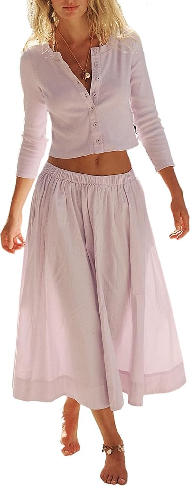 Womens Skirt Sets Long Sleeve Button Down Cardigan Elastic Waist Dress Midi Skirt Fashion Clothes | Amazon (US)