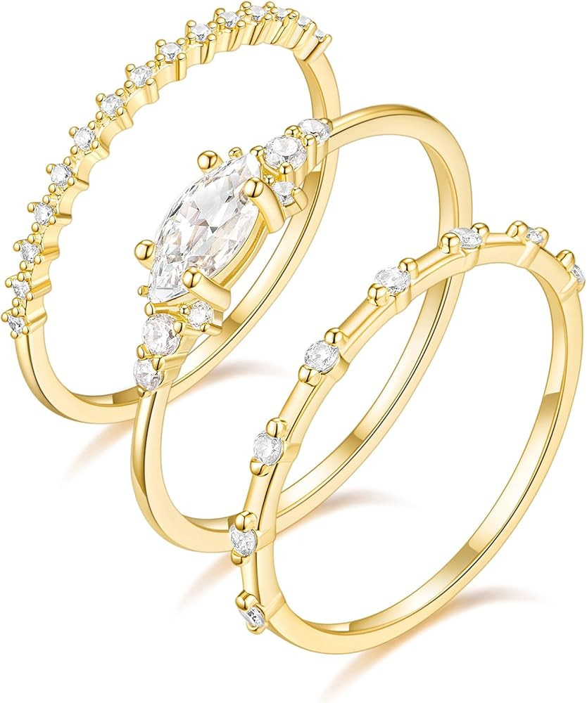 TIGRADE 14K Gold Plated Stacking Rings for Women Minimalist Fashion Knuckle Thin Band Marquise & ... | Amazon (US)