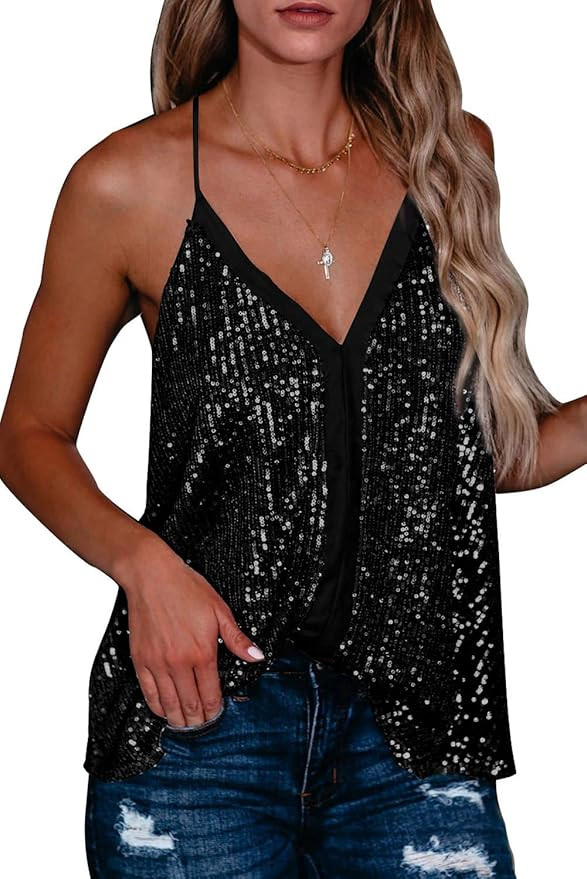 Shawhuwa Women's Fashion V Neck Sequin Strappy Flowy Tank Tops Sexy Sleeveless Racerback Cami Shirts | Amazon (US)