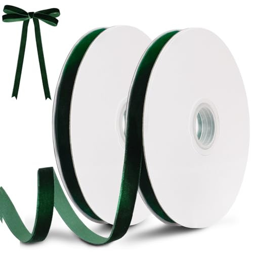 Dark Green Velvet Ribbon, 0.39 Inch x 20 Yards Single Faced Green Ribbon for Gift Wrapping, Bow Making, Christmas Tree Decorations, Wreath Making and DIY Crafts (10 Yards Each Roll) | Amazon (US)