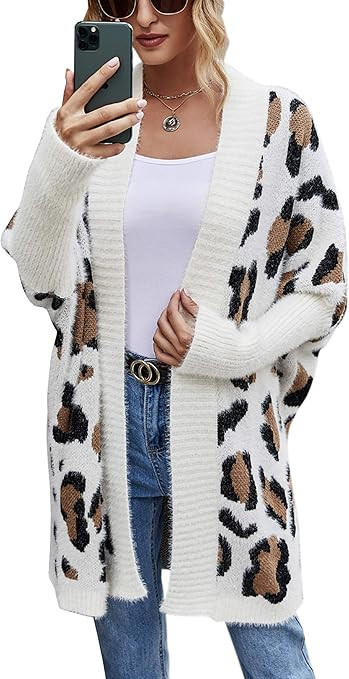 Angashion Women’s Cardigan Long Sleeves Open Front Leopard Print Knitted Sweater Outwear Coat | Amazon (US)