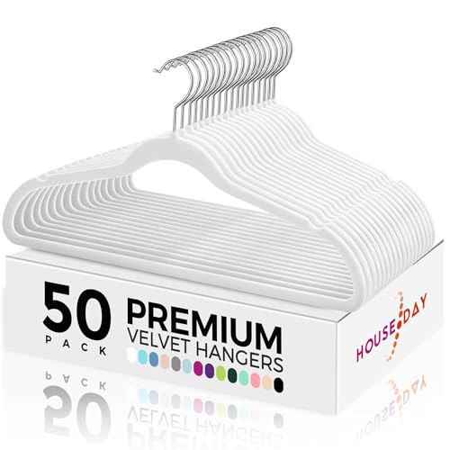 HOUSE DAY Premium Velvet Hangers 50 Pack, Non-Slip Flocked Felt Hangers, Sturdy Clothes Hangers with 360° Rotatable Hook, Heavy Duty Coat Hanger, Durable Slim White Hanger for Closet Space Saving | Amazon (US)