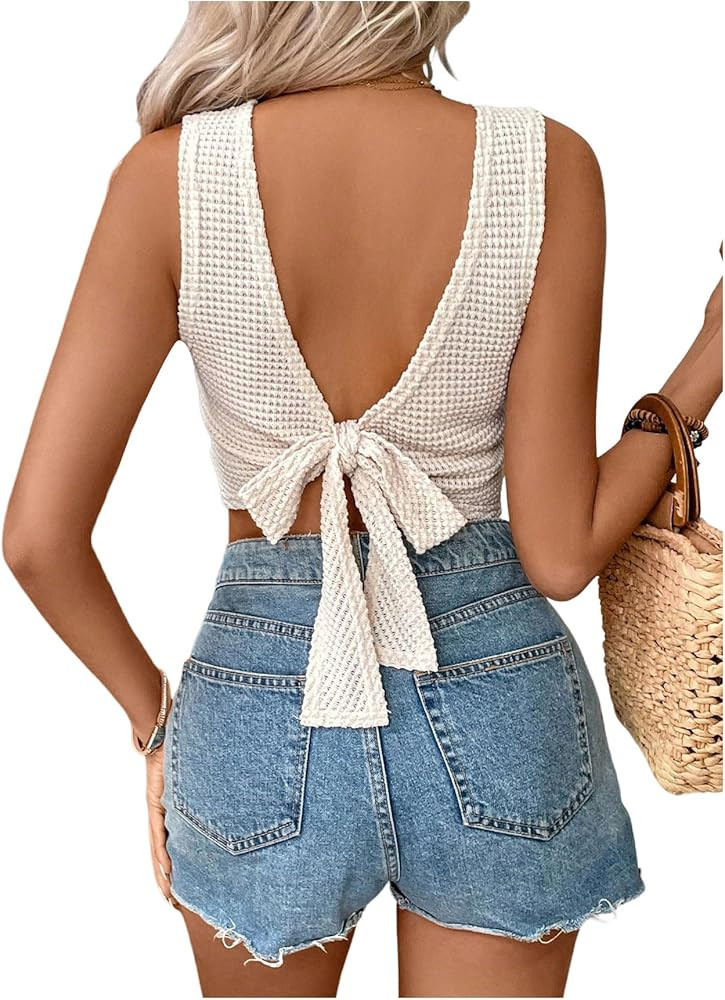 SweatyRocks Women's Tie Backless Lace Tank Top Crewneck Sleeveless Cut Out Crop Tops | Amazon (US)