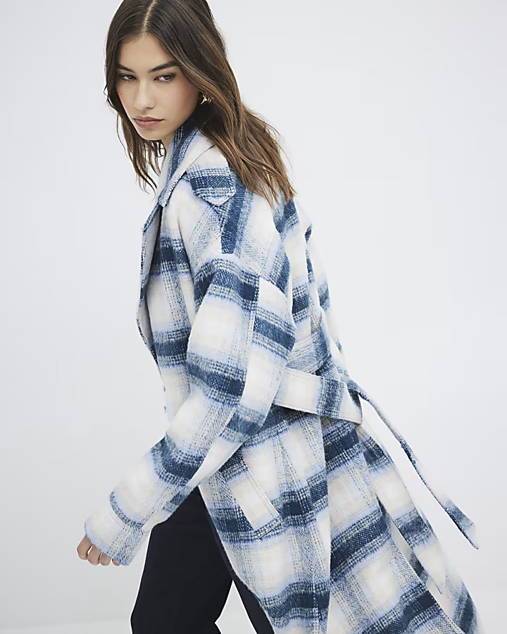 Blue Check Belted Coat | River Island UK & IE