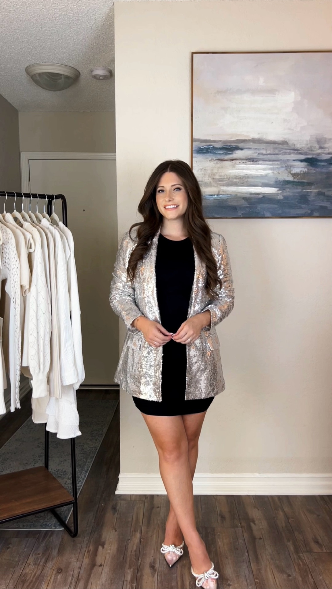 Sequin Blazer wearing size XS, Little Black Dress, Crystal Bow Heels

#LTKHoliday #LTKStyleTip #LTKFindsUnder100
