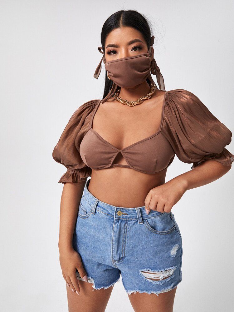 Plus Sweetheart Neck Puff Sleeve Crop Top With Mask | SHEIN